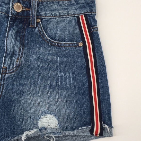 8th of LA High Waisted Jean Denim Shorts Distresse Stripe Trim Ribbon Raw Hem Sm - Picture 5 of 10